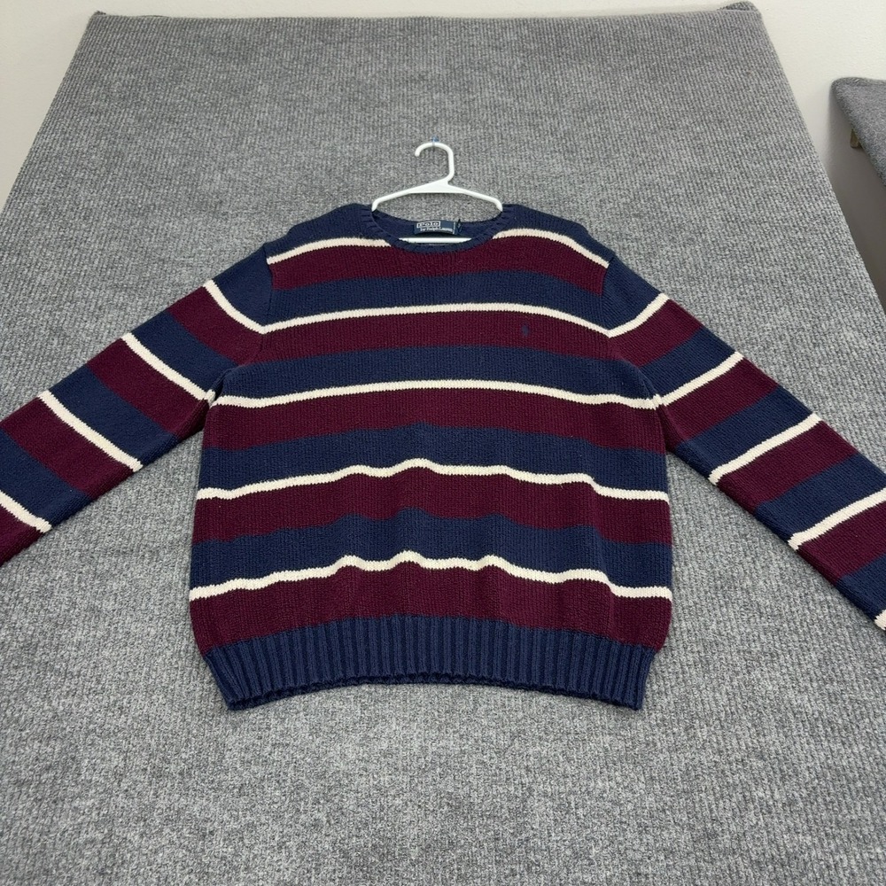 Polo Ralph Lauren Sweater Mens XL Blue Burgundy Cotton Striped Crewneck Preppy